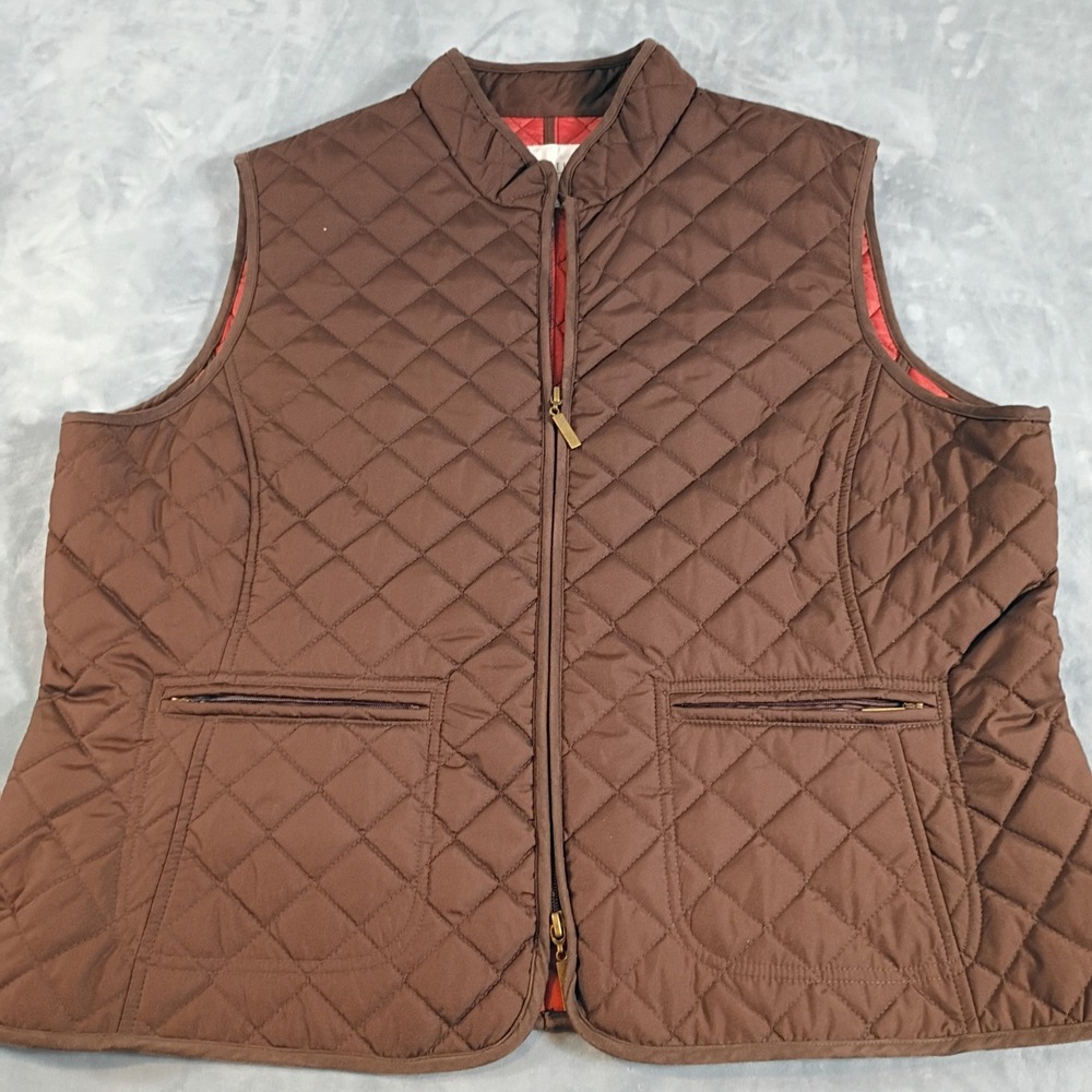 Van Heusen Mens XL Quilted Vest Brown Full Zip Mock Neck Red Lining Pockets